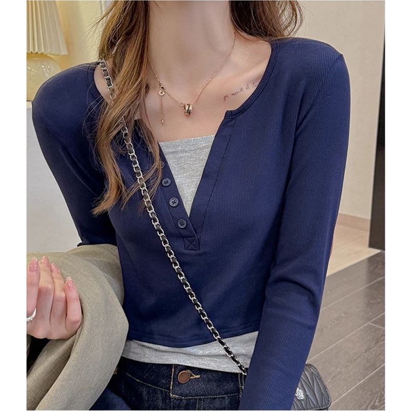 Damen Langarmshirt Knopfdesign Baumwolle Weiß