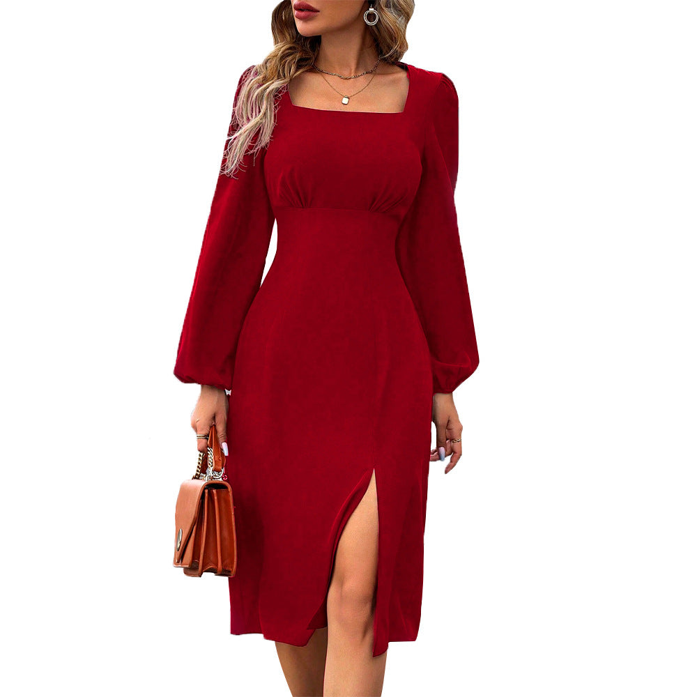 Damen Cocktailkleid Langer Puffärmel Hocher Schlitz