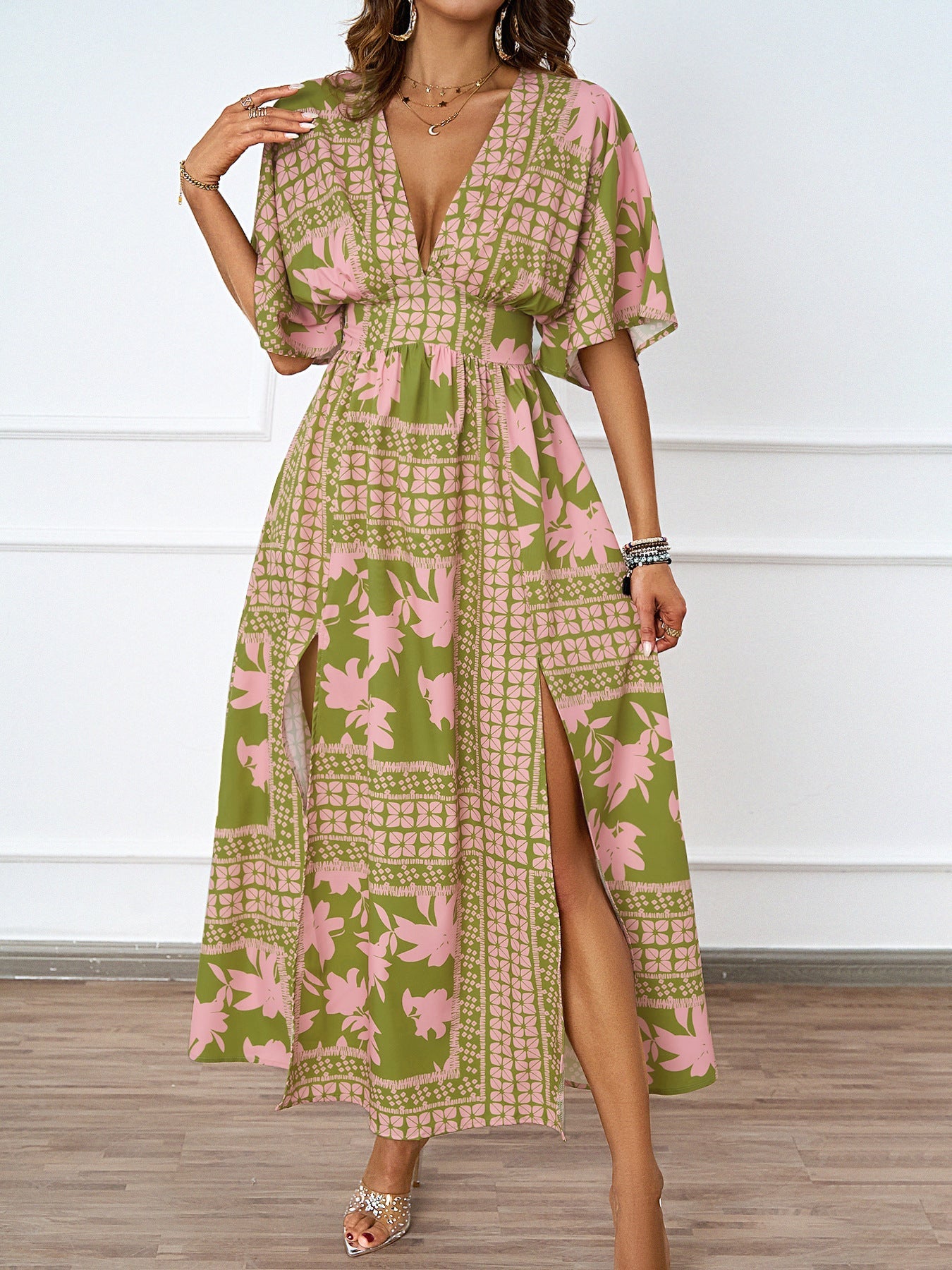 Damen Maxikleid V-Ausschnitt Seitenschlitz Norvielle
