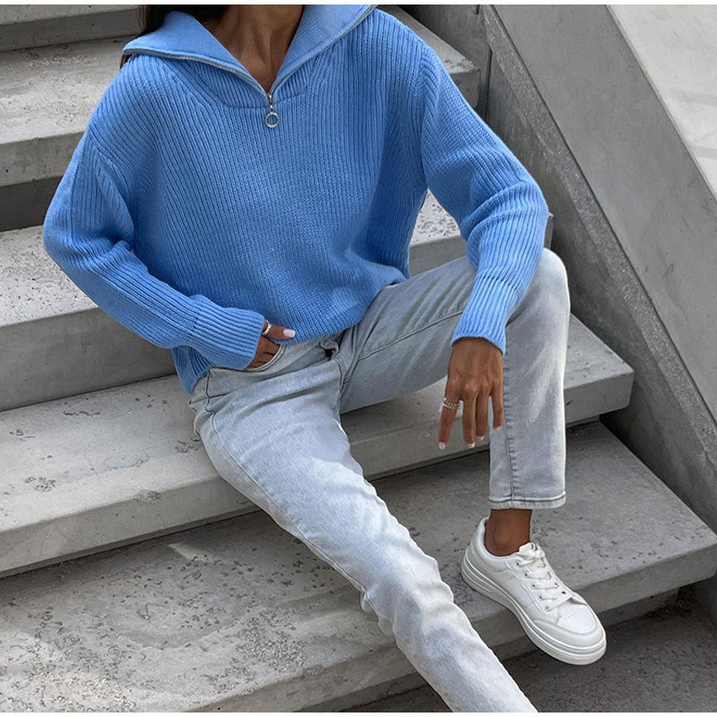 Damen Oversized Strickpullover Stehkragen Reißverschluss Norvielle