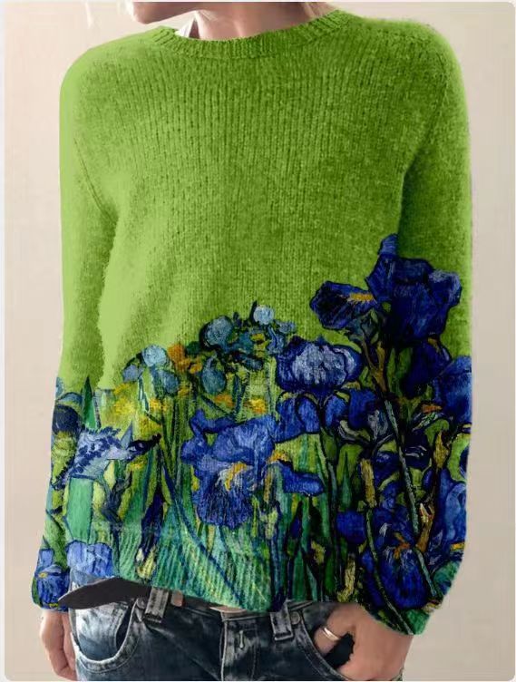 Damen Sweatshirt Wollgefühl Lockerschnitt Floral Bestickt Langarm