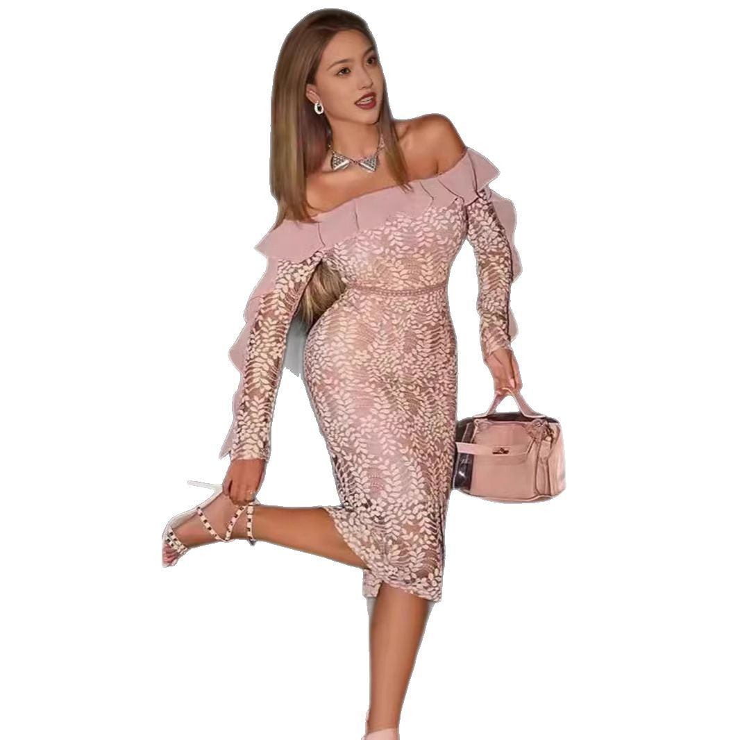 Damen Spitzenkleid Off-Shoulder Rüschendetails Figurbetont