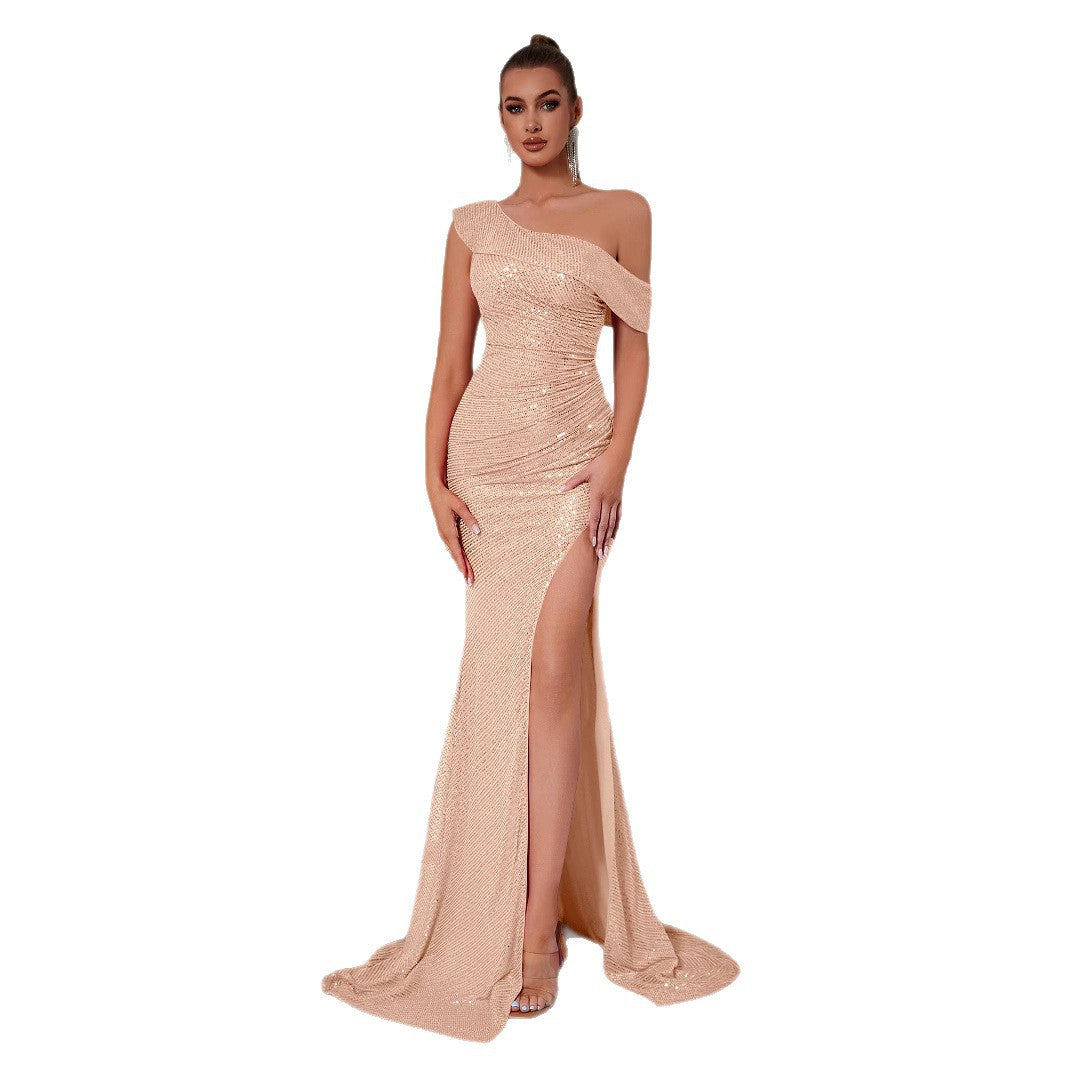 Damen Abendkleid Schulterfrei Glitzernde Pailletten Hochschlitz