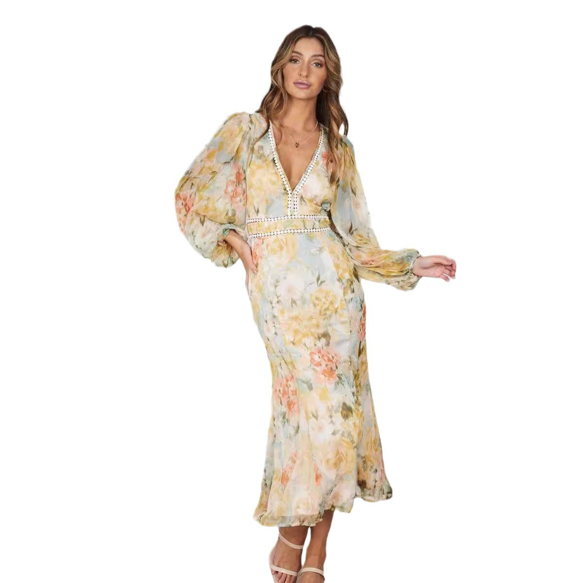 Damen Maxikleid Voluminöse Ärmel Dekorative Details Norvielle