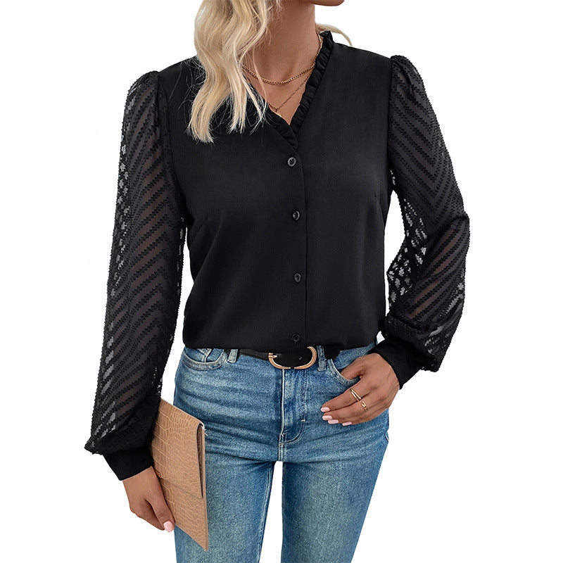 Damen Bluse Rüschendetails transparente Spitze Norvielle