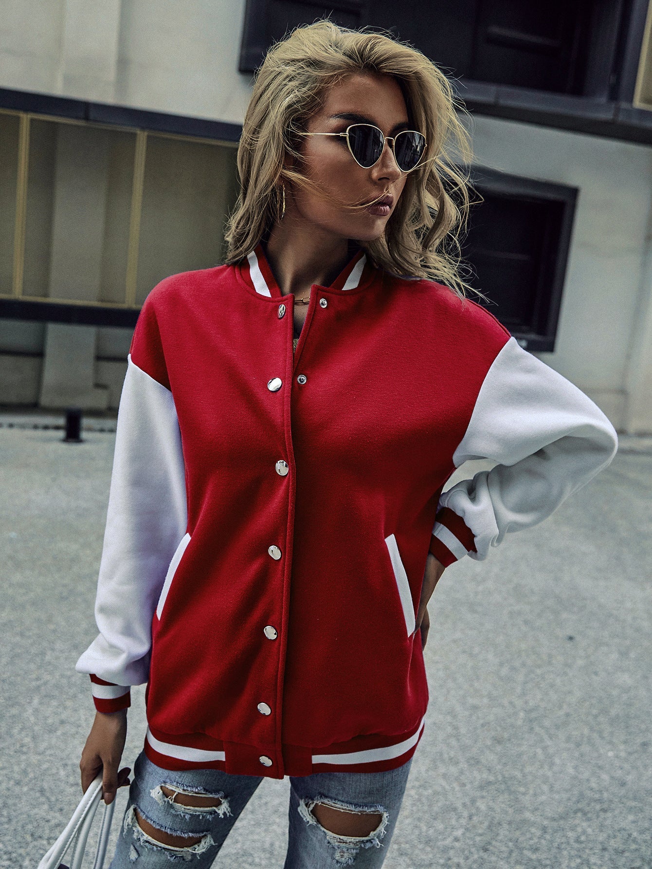 Damen Baseballjacke Kontrastärmel Druckknopfverschluss Norvielle