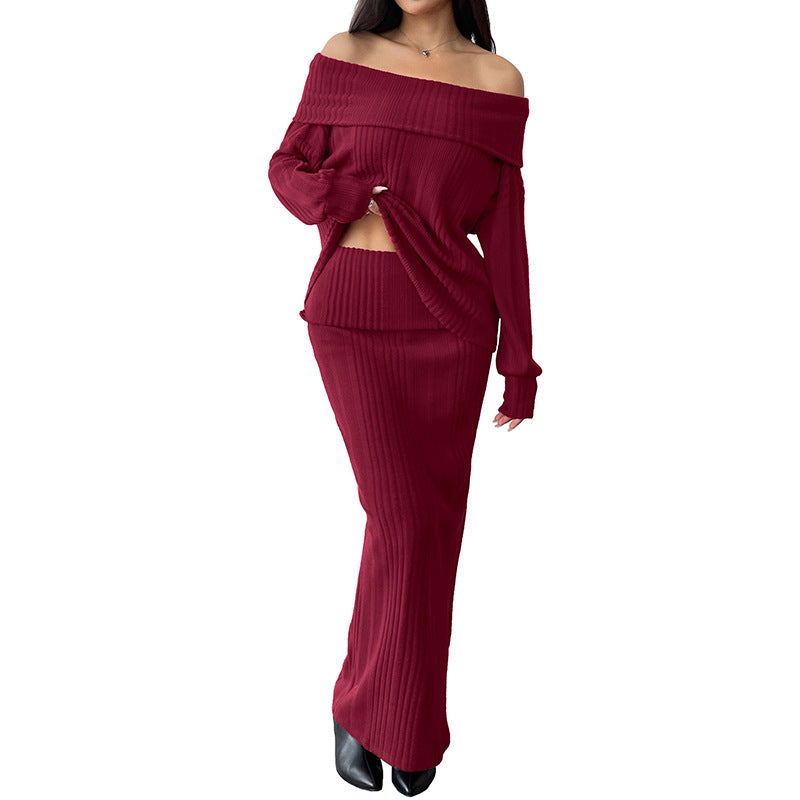 Damen Strickkleid Schulterfrei Langärmlig Beige