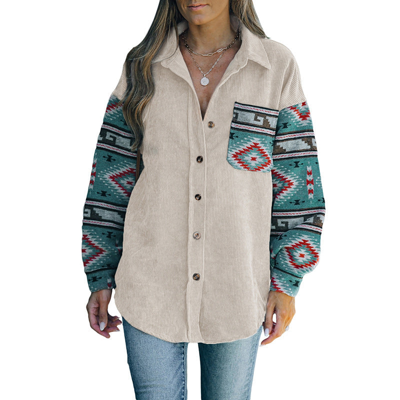 Damen Baumwollhemdjacke mit farbenfrohen Ärmeln und Taschen