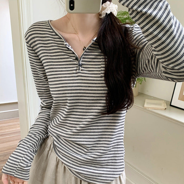 Damen Langarmshirt Streifenmuster Baumwolle Weiß