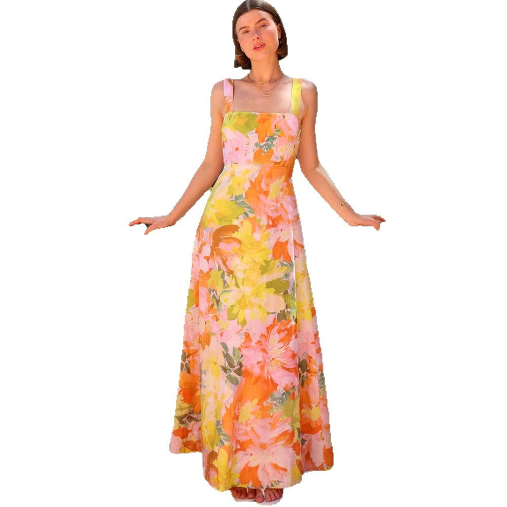 Damen Maxikleid Tailliert Spaghettiträger Floral Norvielle