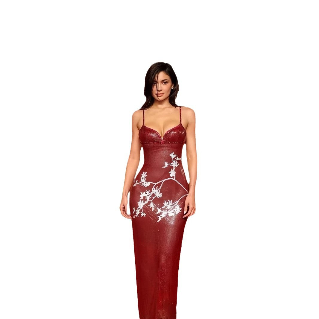 Damen Abendkleid V-Ausschnitt mit Stickmuster schmal