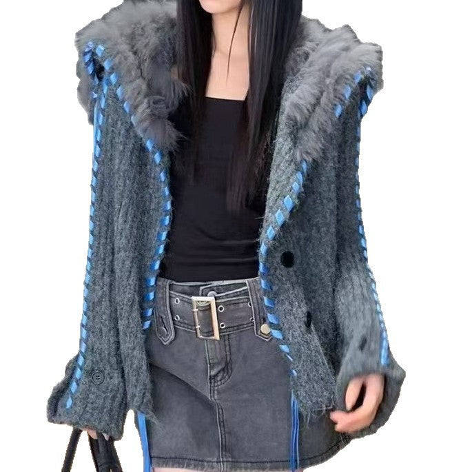 Damen Strickjacke Kapuze Kunstfell Norvielle