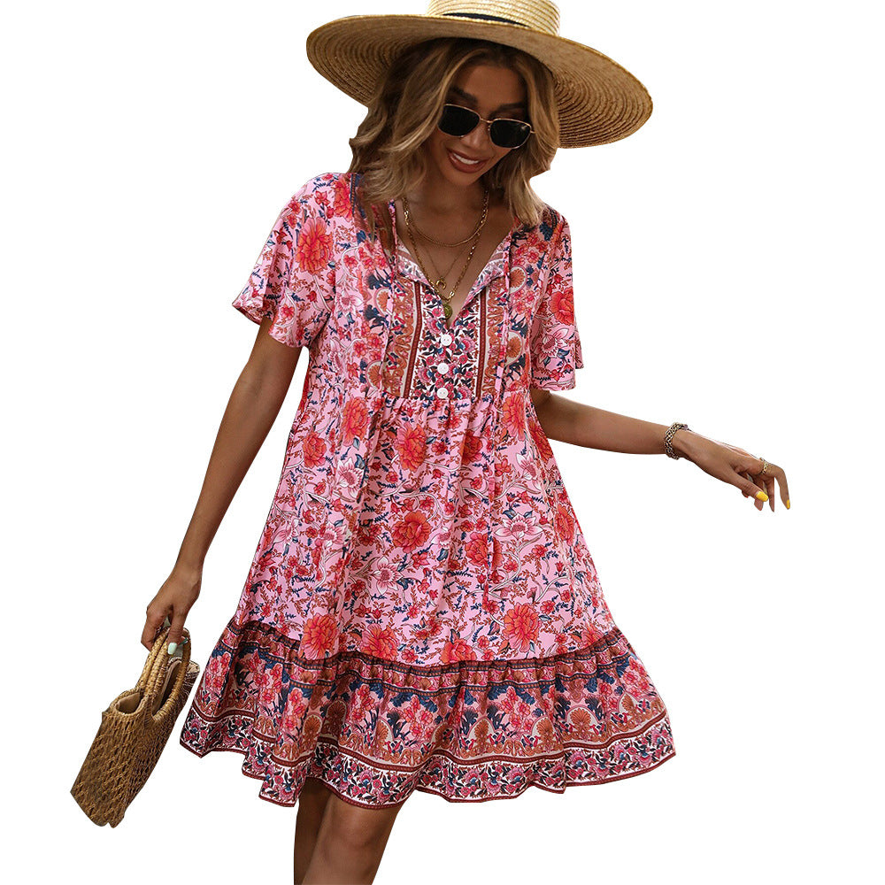 Damen Blumenkleid Sommer Rüschensaum Knöpfe Norvielle
