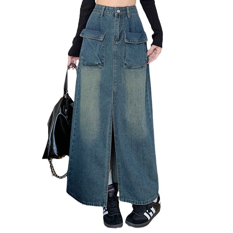 Damen Jeansrock Lang Mit Taschen