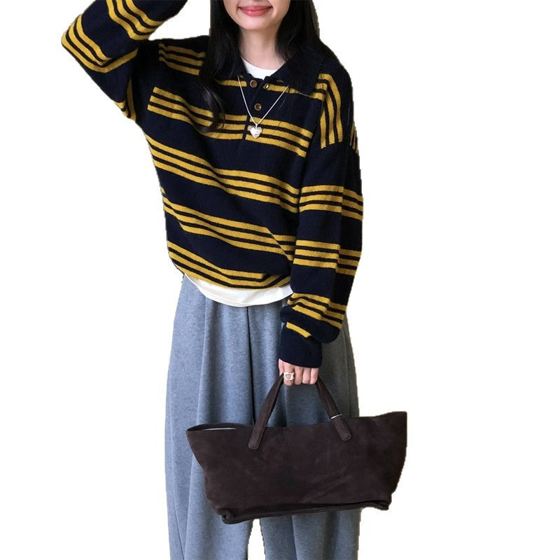 Damen Strickpullover Gemütlich mit Knöpfen Streifenmuster Beige