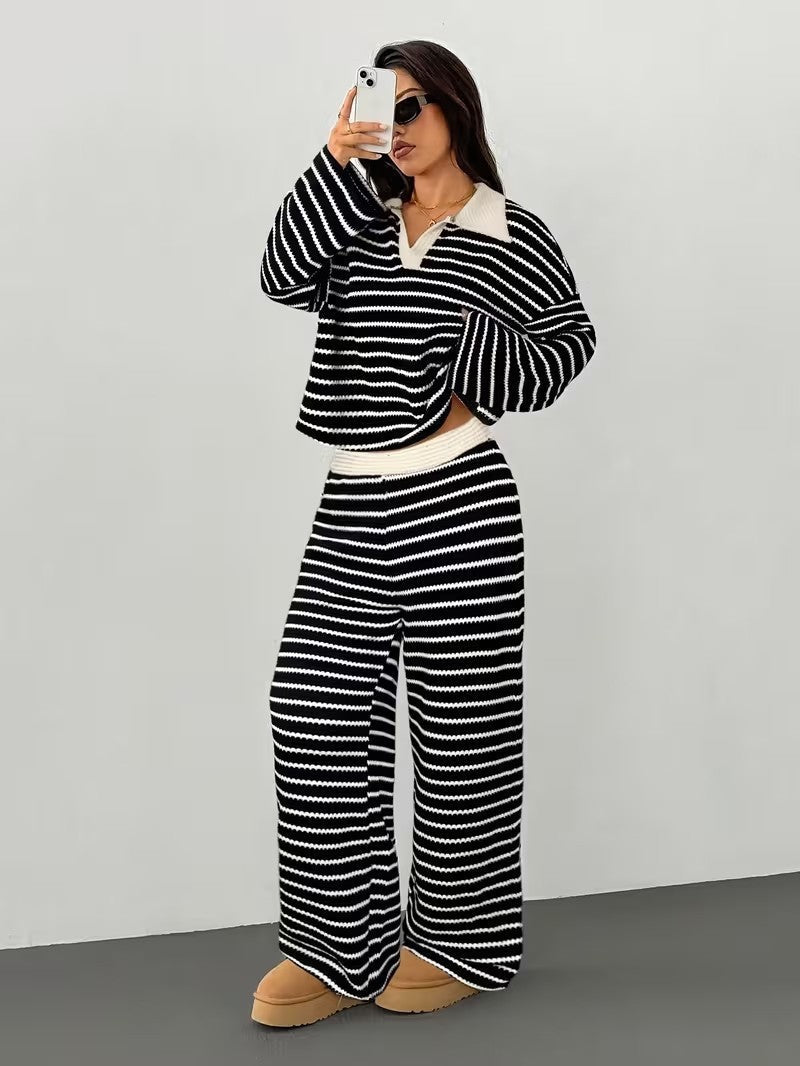 Damen Loungewear-Set mit Kragen Streifen Norvielle