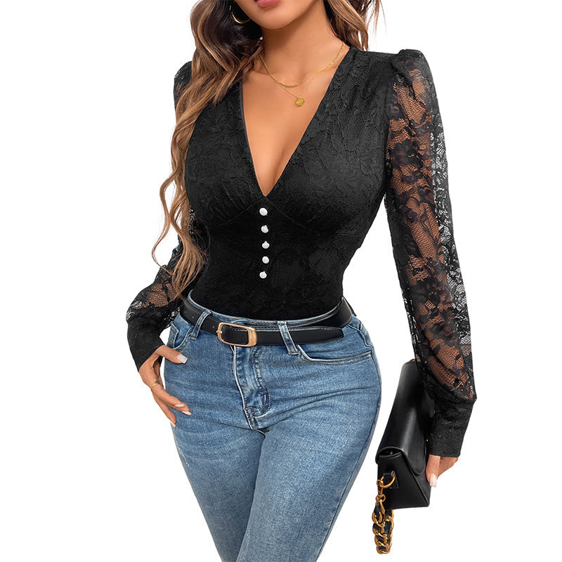 Damen Spitzenbody V-Ausschnitt Puffärmel Elegant