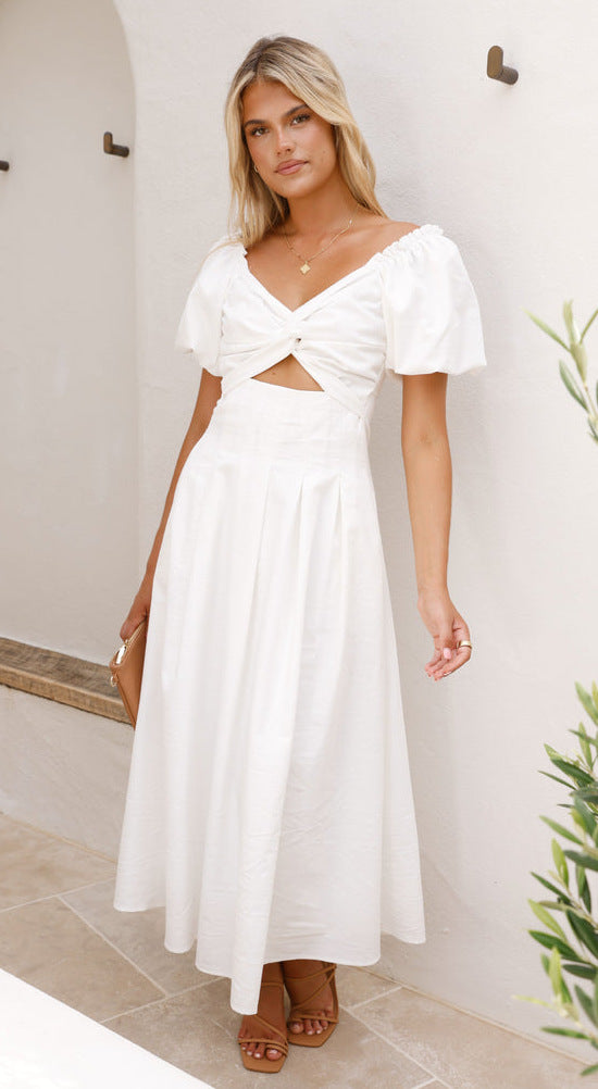 Damen Midikleid Puffärmel Knotendetail Norvielle
