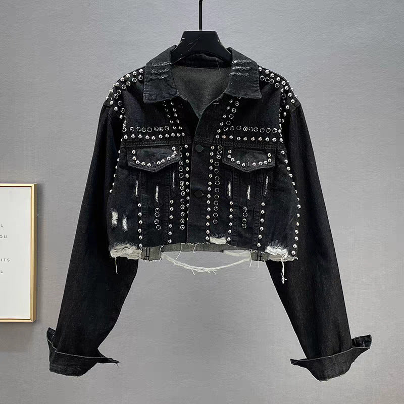Damen Denimjacke Nieten Fransen