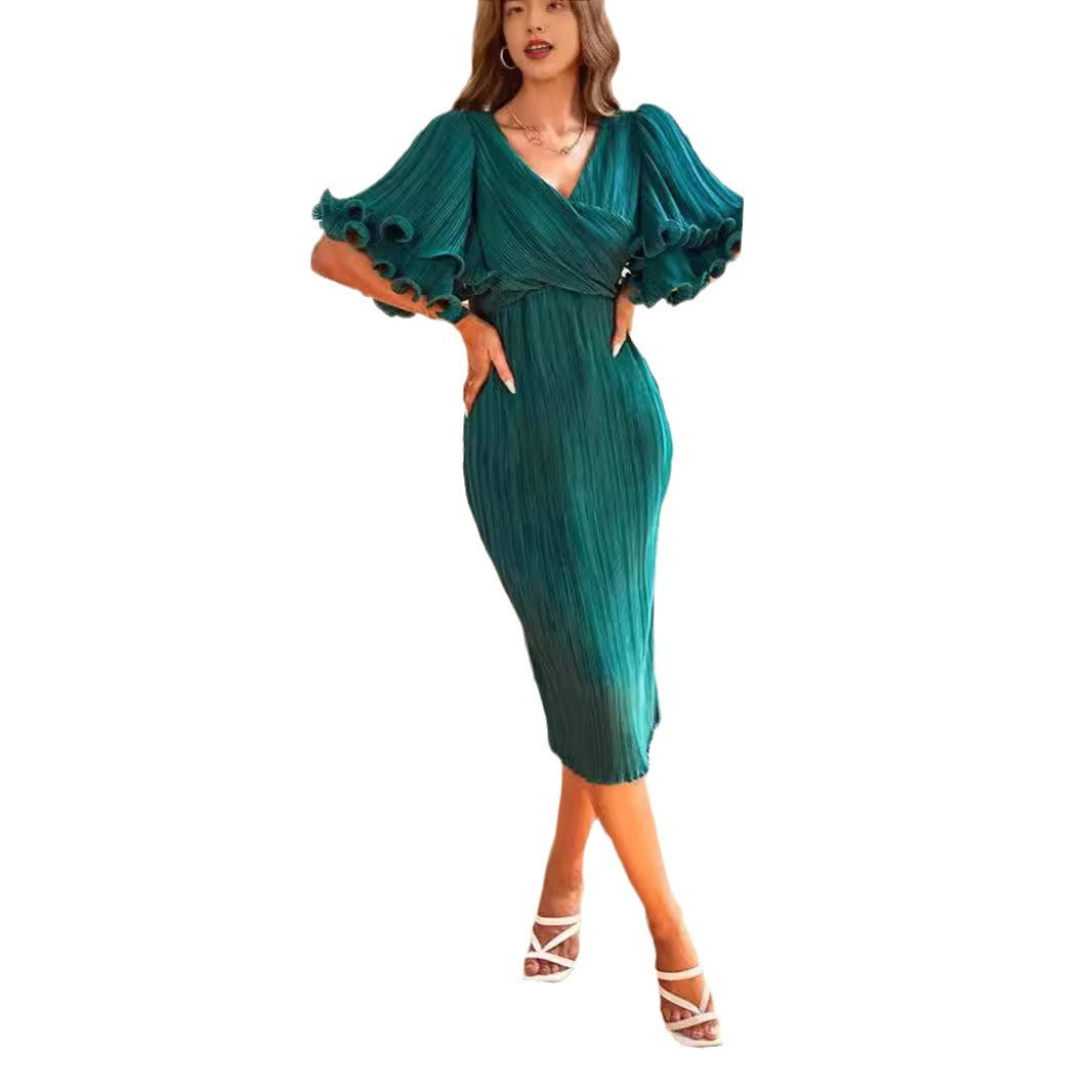 Damen Midi-Kleid Plissiert Voluminöse Ärmel Norvielle