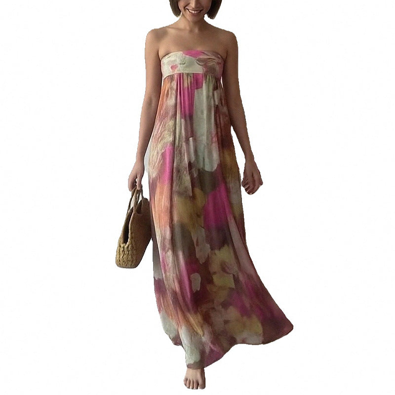 Damen Strandkleid Schulterfrei Florales Muster Lang
