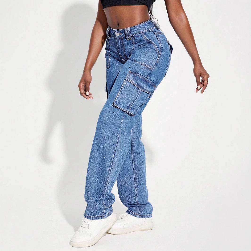 Damen Cargo Jeans Elastischer Bund Praktische Seitentaschen