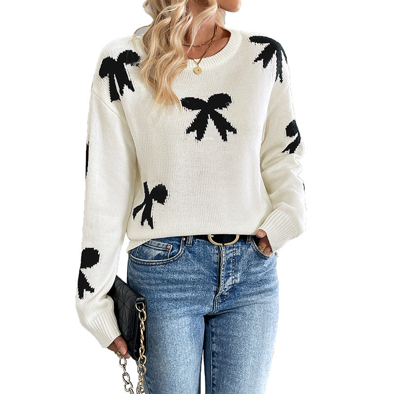 Damen Pullover Gestrickt Schleifenmuster Beige