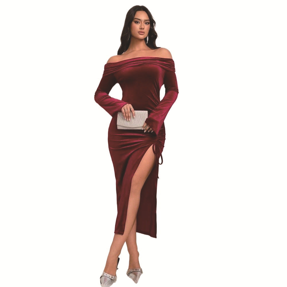 Damen Maxikleid Off-Shoulder mit Seitenschlitz und Rüschendetails