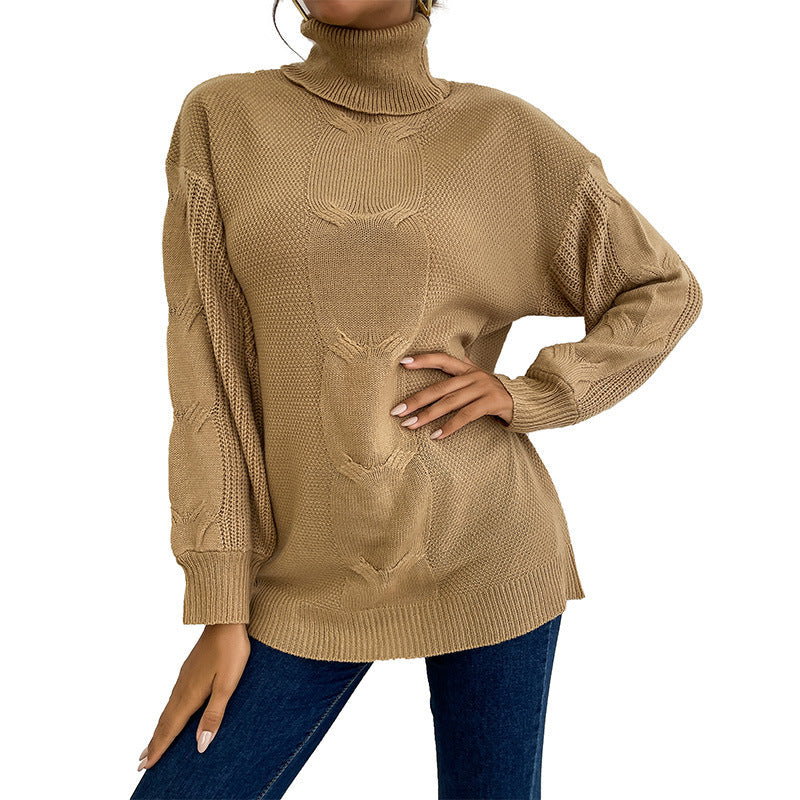 Damen Pullover Grobstrick Hochkragen Beige