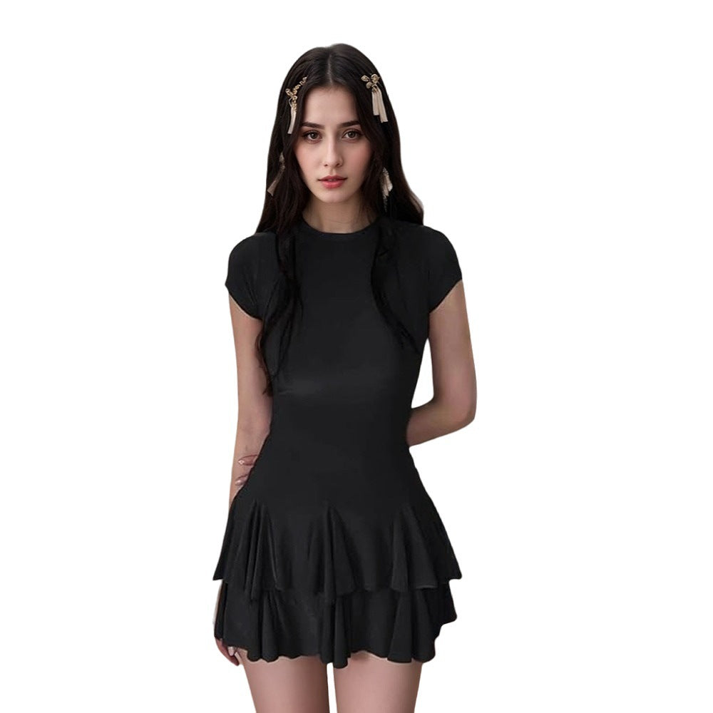 Damen Minikleid Rüschensaum Figurbetont