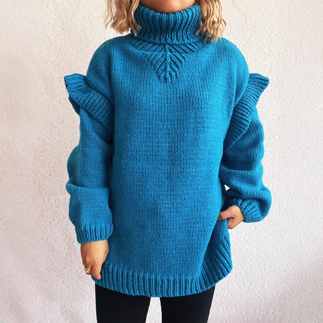 Damen Strickpullover Rüschen-Details Hochkragen Norvielle