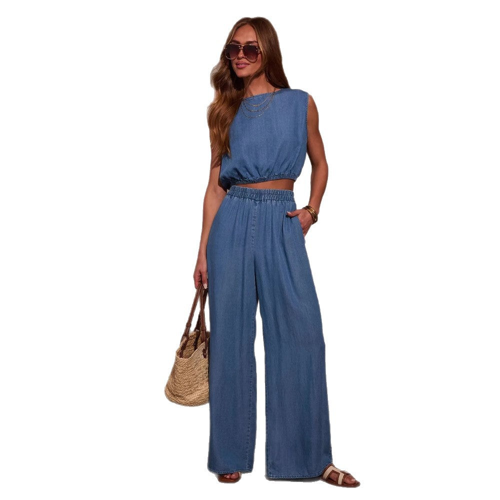 Damen Denim Set Cropped Oberteil Weite Hose