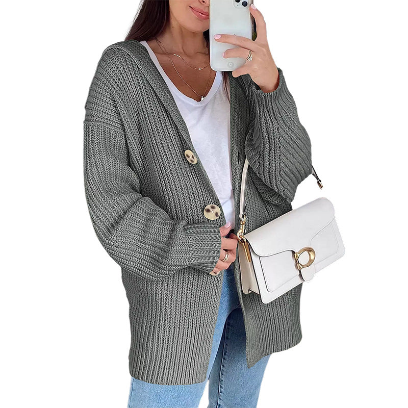 Damen Oversize Strickjacke Weiches Material Holzknöpfe Beige