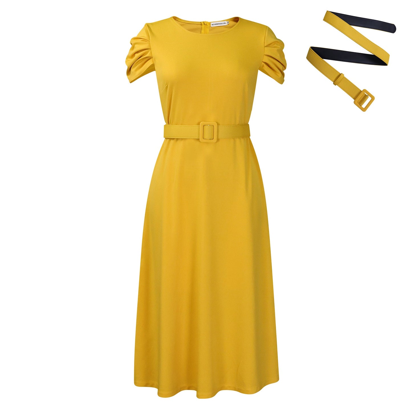 Damen Midi-Kleid Gummizug schmal Gürtel Norvielle