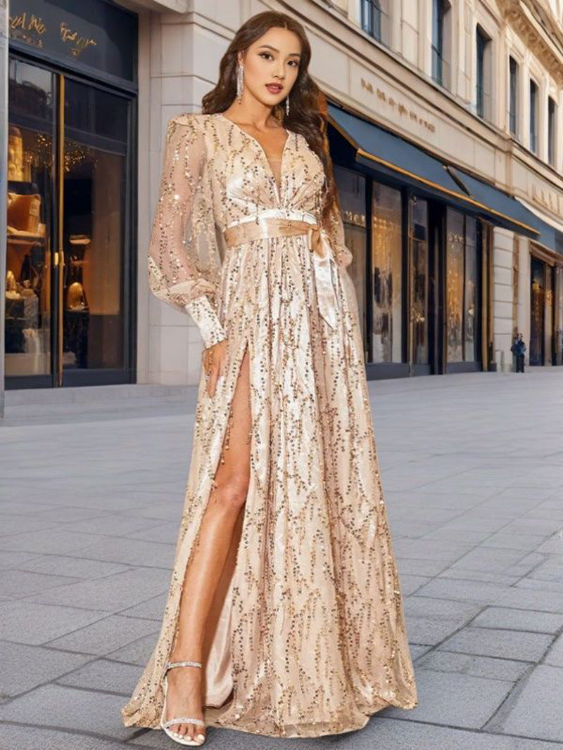 Damen Abendkleid Glitzernd V-Ausschnitt Seitenschlitz Norvielle