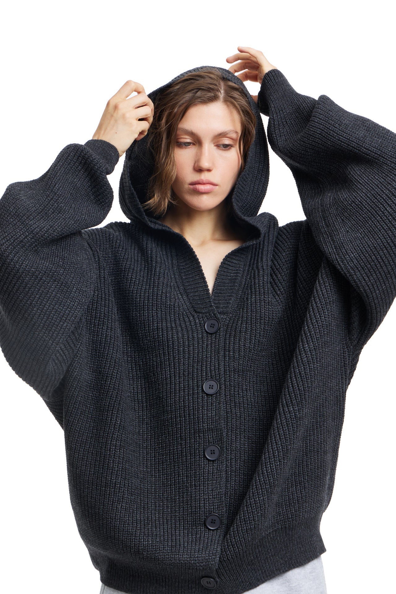 Damen Oversized Strickjacke mit Kapuze und Knöpfen