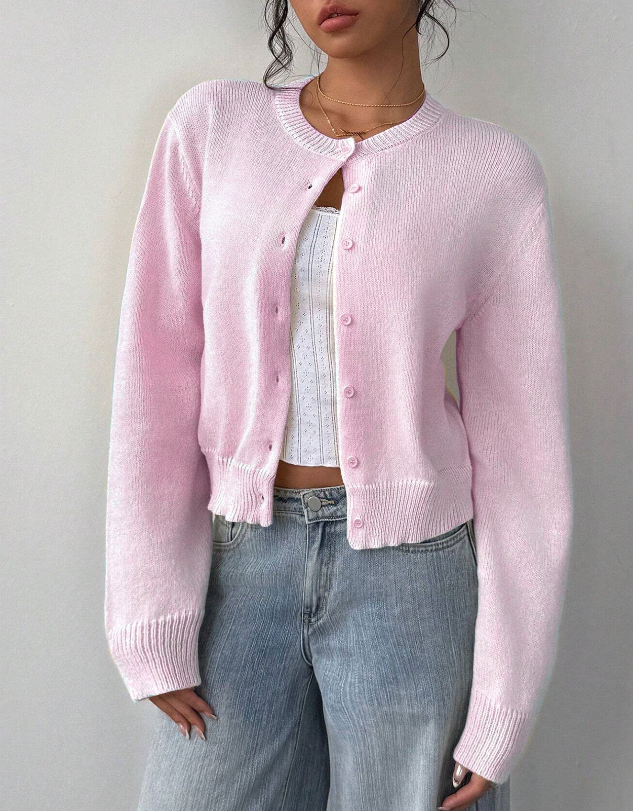 Damen Strickjacke Rippstruktur Knöpfe Beige