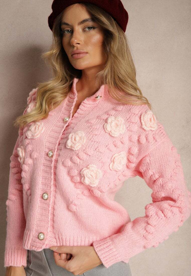 Damen Strickjacke Florale Applikationen Knopfdesign