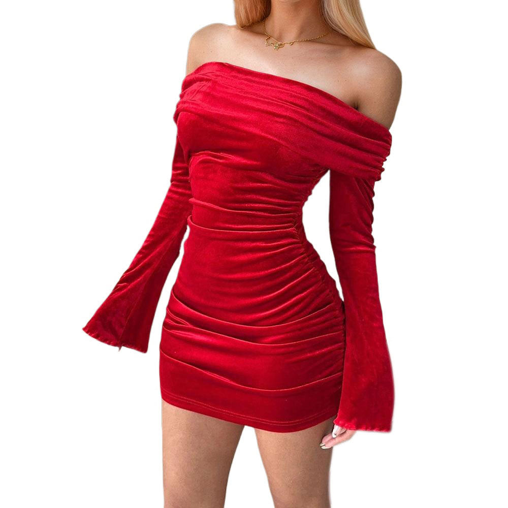 Damen Minikleid Off-Shoulder Velvet Rüschendetails