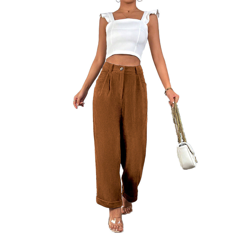 Damen Cordhosen Mittelhohes Modell Falten Optik Beige