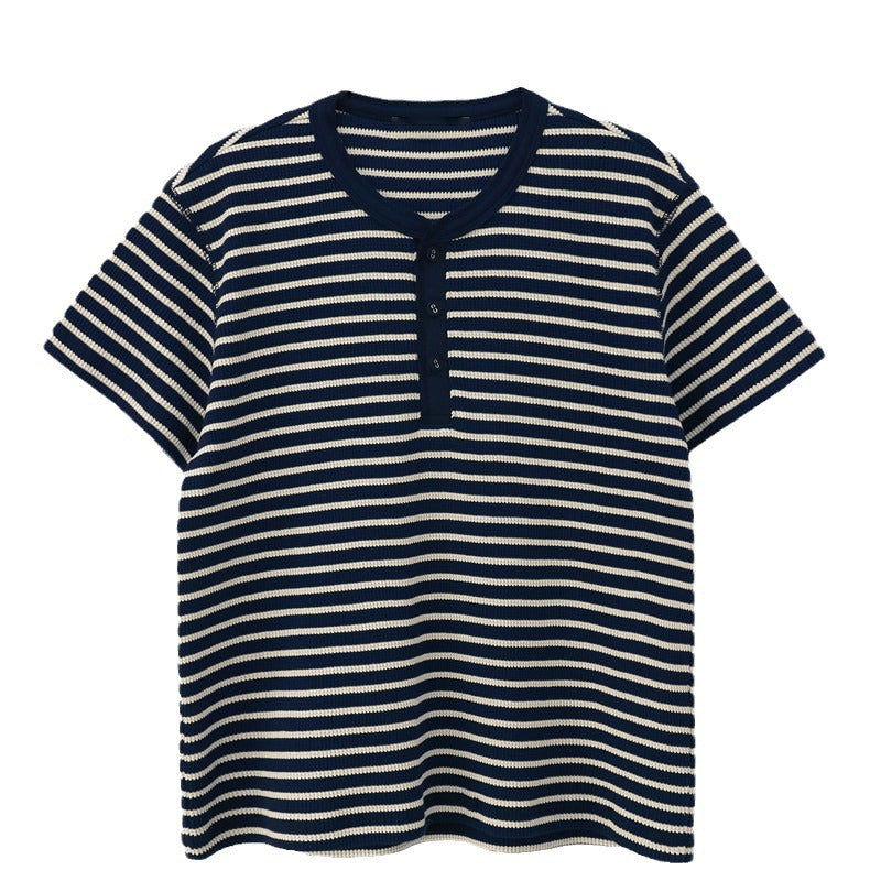 Damen Kurzarmshirt Gestreift Knopfleiste /Weiß