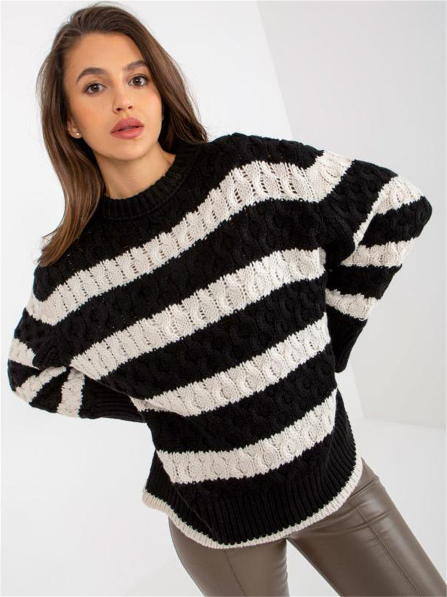 Damen Strickpullover Gestreift Voluminöse Ärmel Einzigartiges Muster