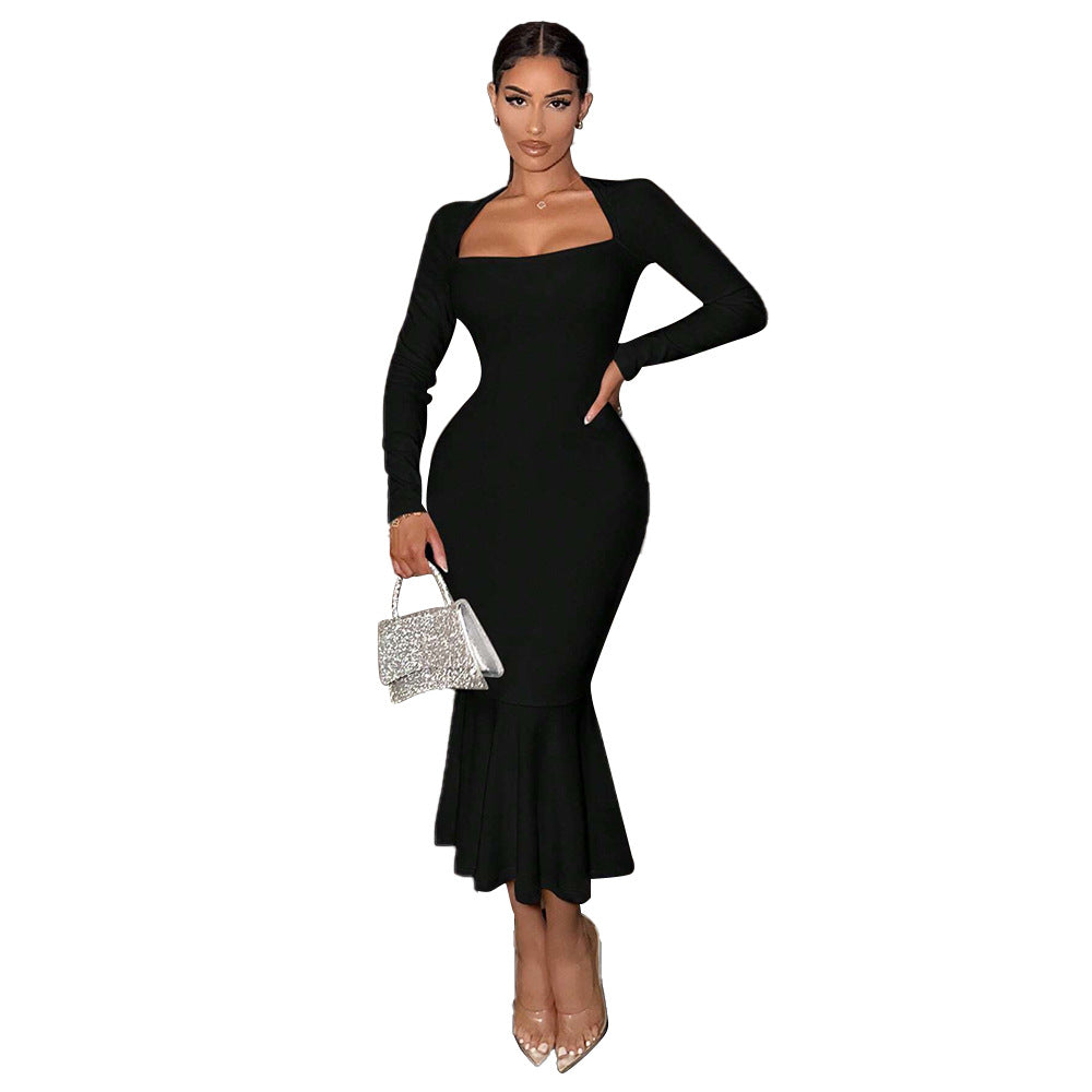 Damen Kleid Lang Quadrat-Ausschnitt Ausgestellter Saum Norvielle