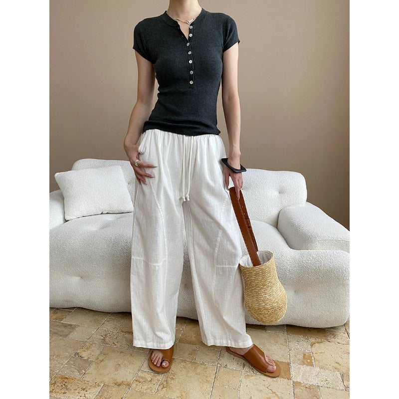 Damen Leinenhose Weites Bein Bequem Natur