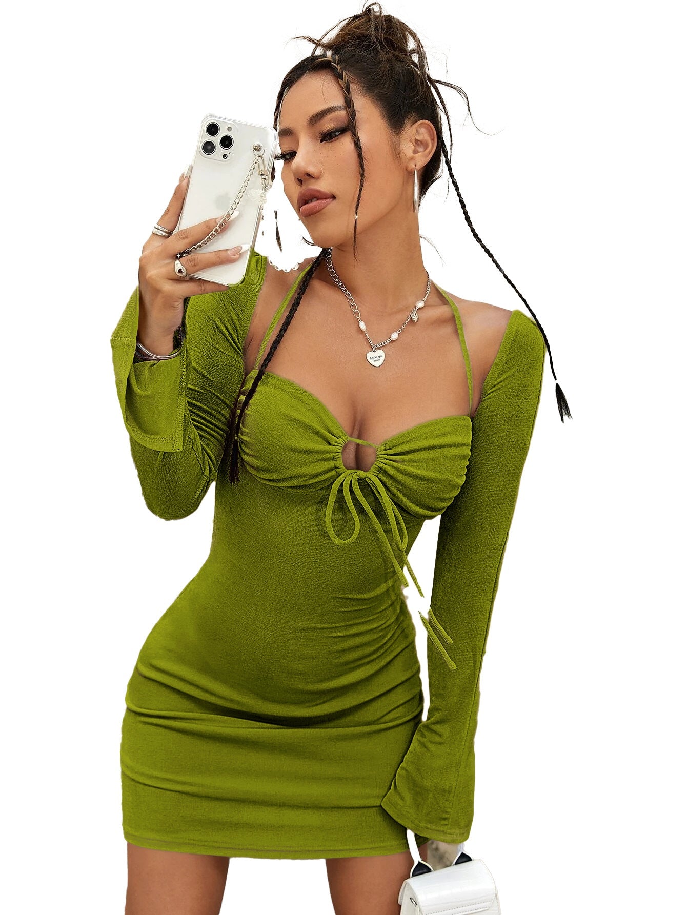 Damen Minikleid Figurbetont Verstellbarer V-Ausschnitt Länge 80cm