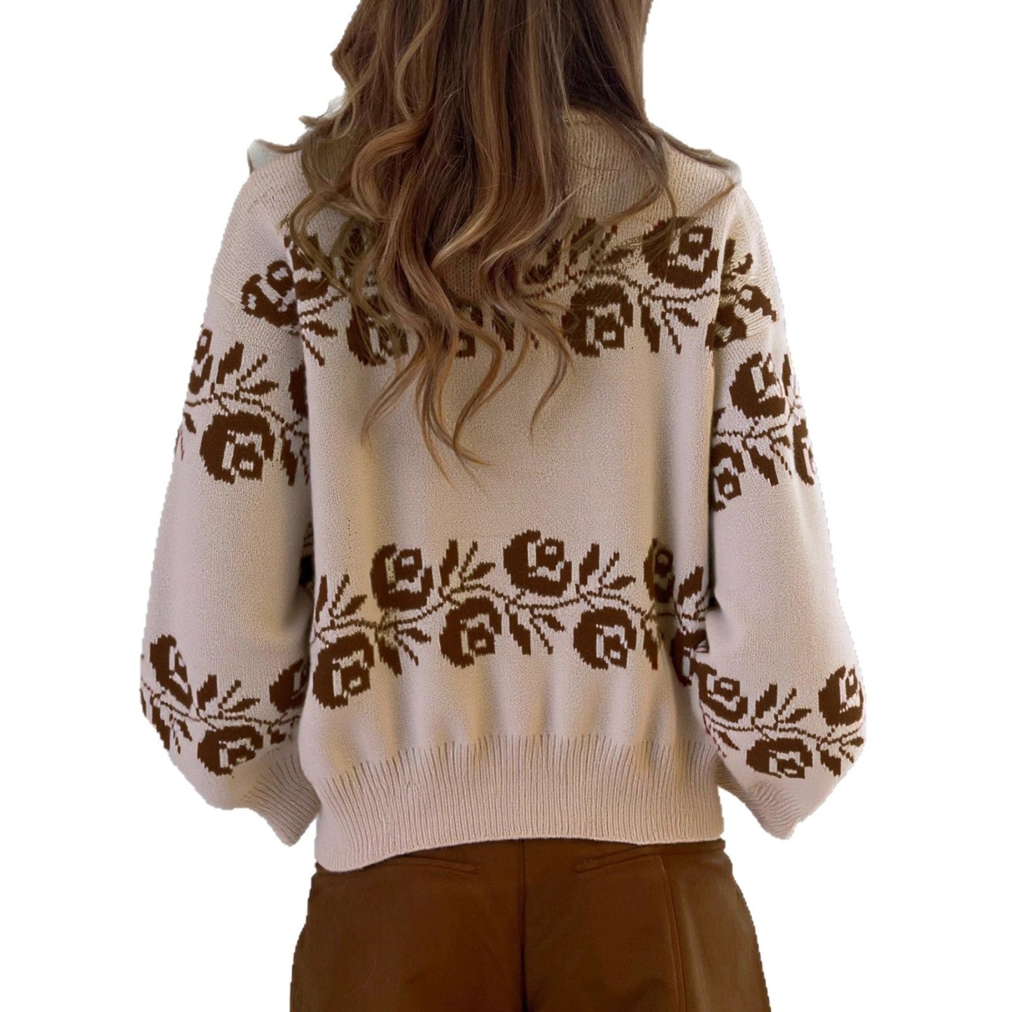 Damen Strickpullover Florales Muster Hochkragen Norvielle