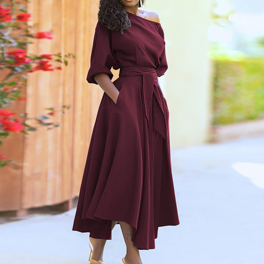 Damen Maxi-Kleid Schulterfrei Mit Gürtel Norvielle