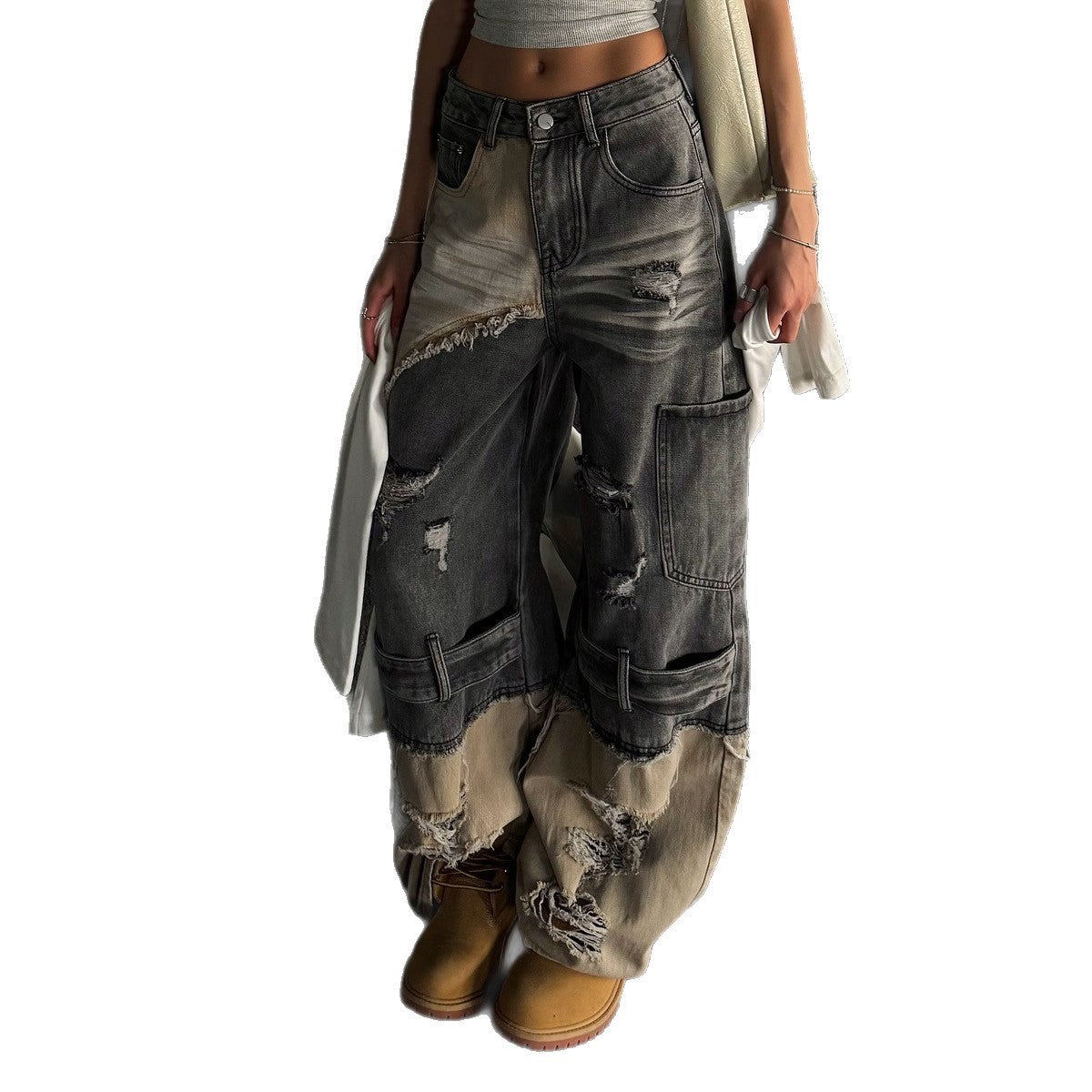 Damen Cargo-Jeans Ausgefranstes Design Tiefes Bein Norvielle