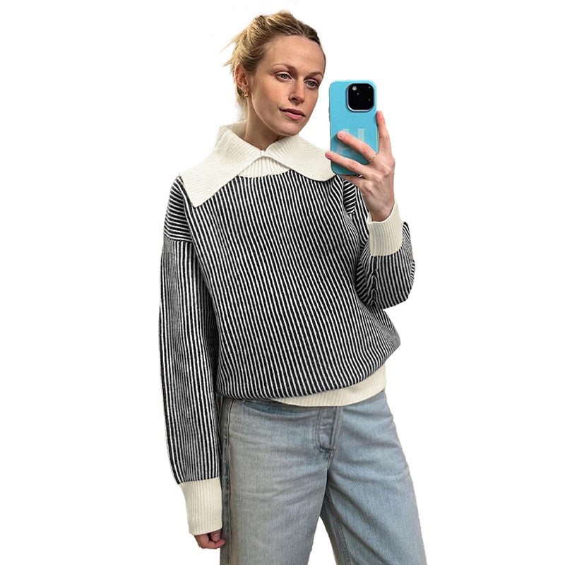 Damen Pullover Streifenmuster Eleganter Kragen Norvielle