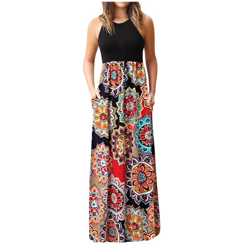 Damen Maxikleid Floralmuster Baumwolle Beige